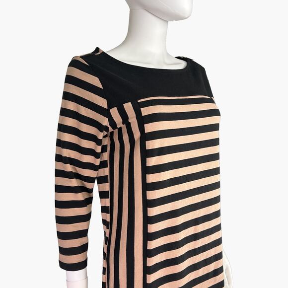 JONES NY Stripped 3/4 Sleeve Boat Neck Shoulder Zipper Top (Tan/Black | Size M) - Picture 2 of 8